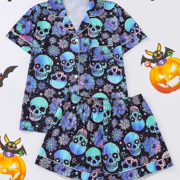 Blue and Green Pajama Set with Playful Skull Design - Picture 1 of 9